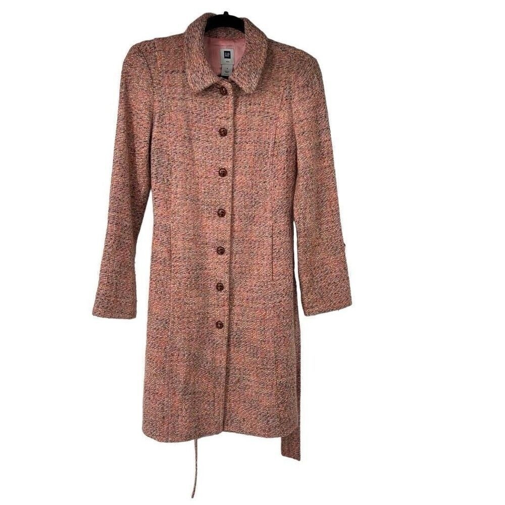 Gap‎ Pink Tweed Long Belted Dress Pea Coat Sz S Womens Retro Acrylic Wool Blend